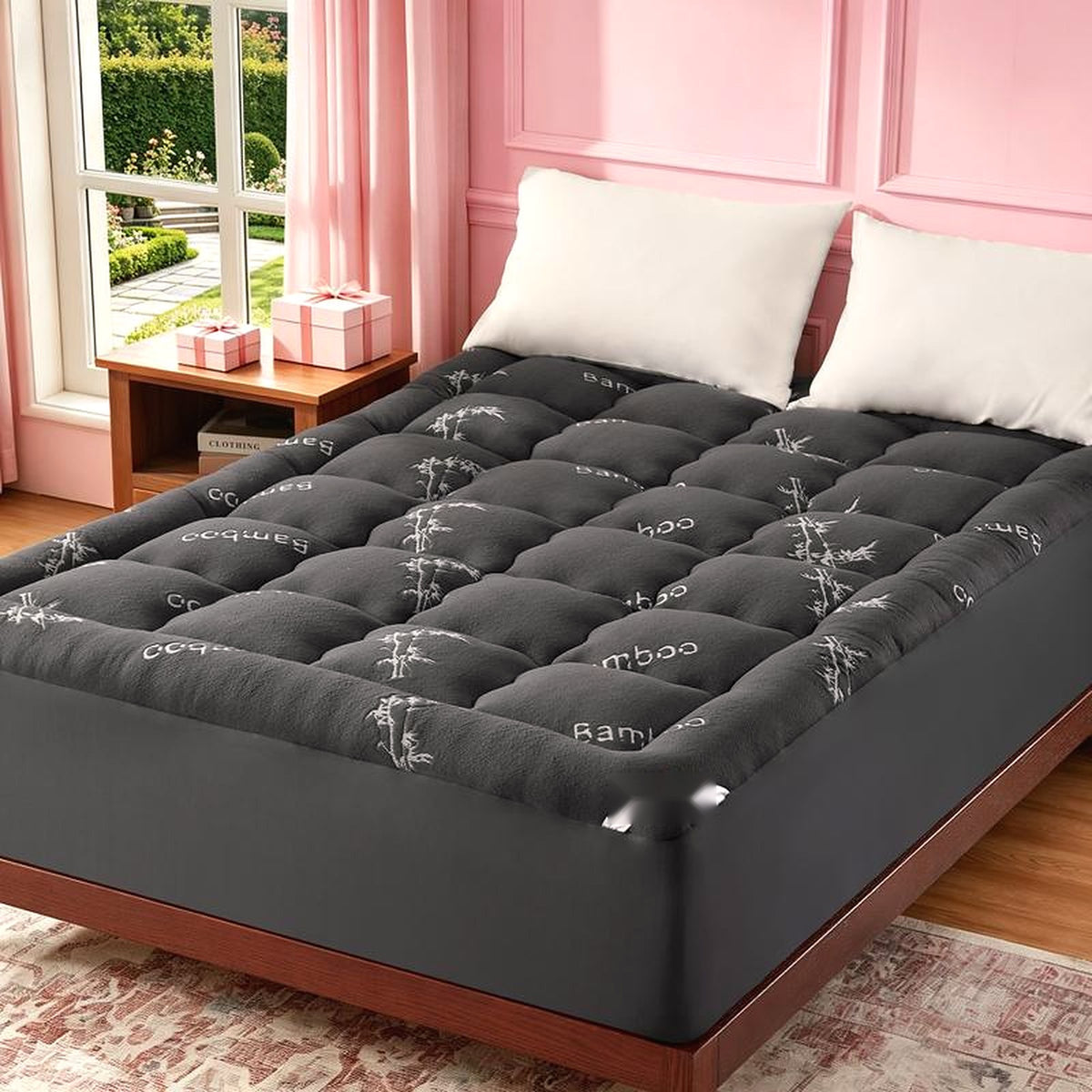 Bamboo Cooling Mattress Topper in Black on a queen bed — pillow-top quilting and fitted stretch skirt