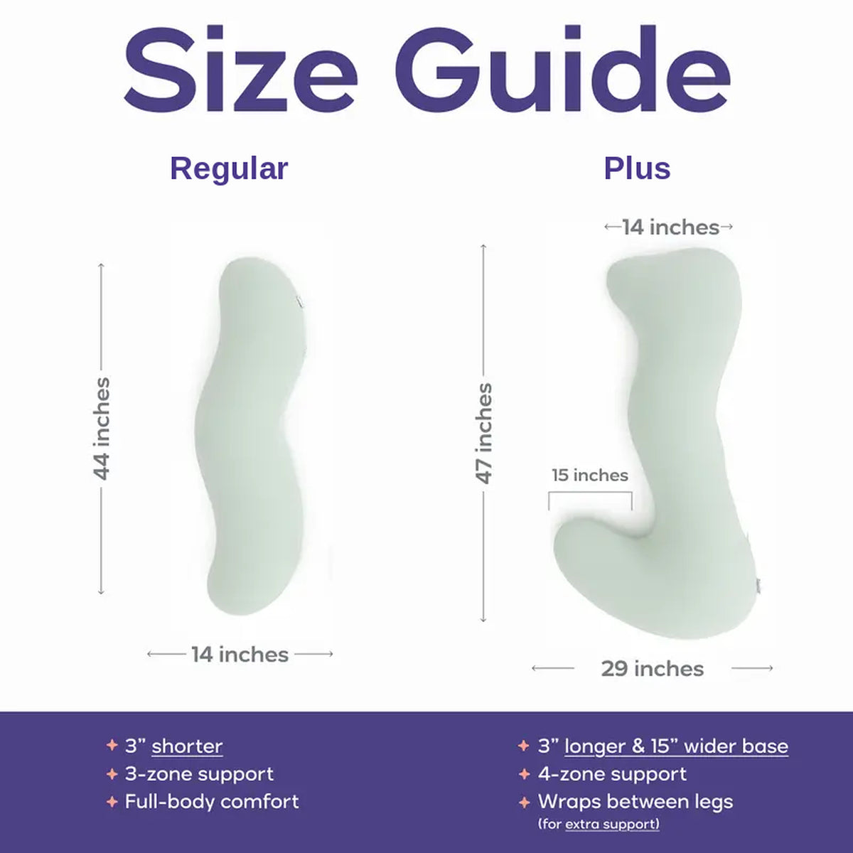 Size guide: Regular 44 inches by 14 inches; Plus 47 inches with a 29 inch base and 15 inch leg extension