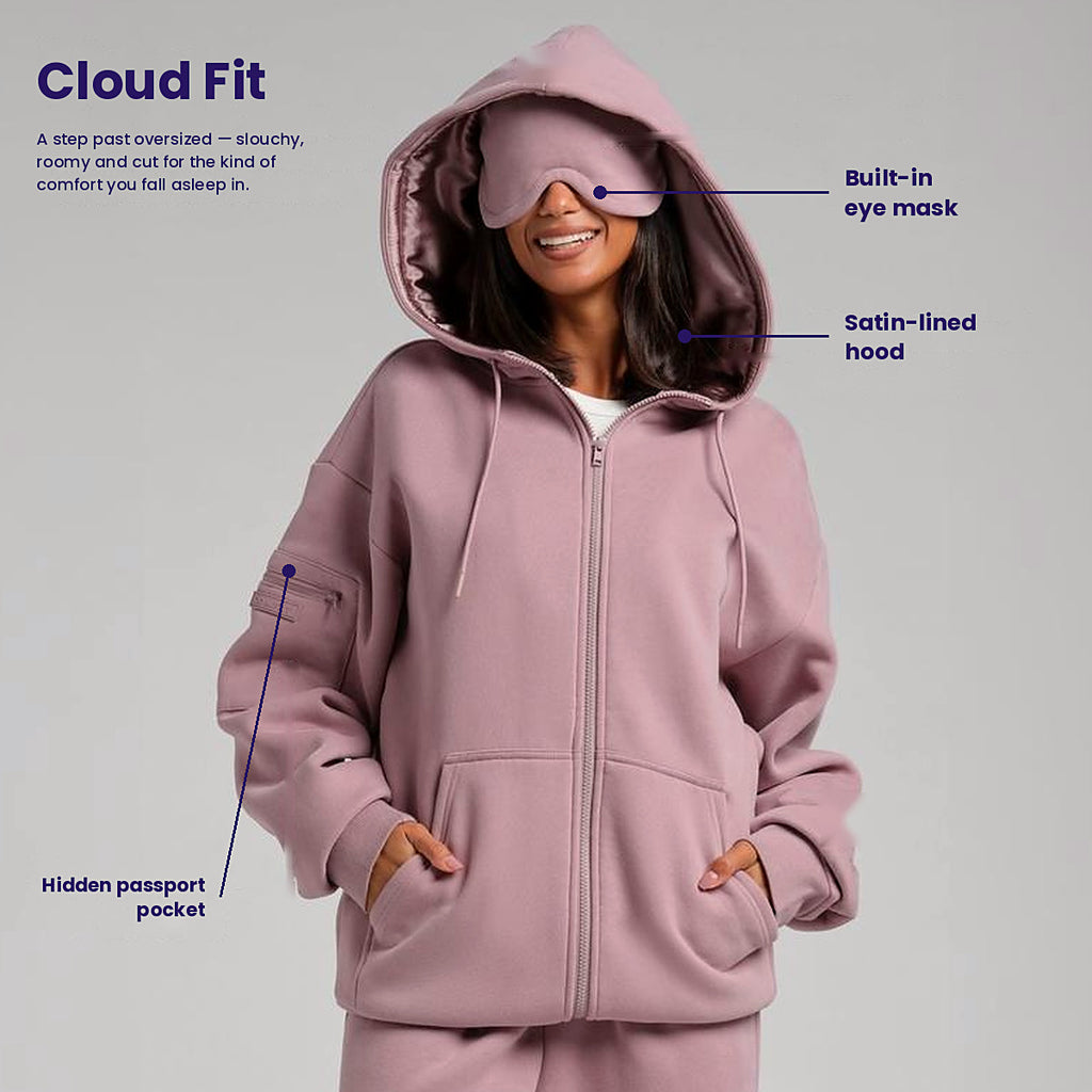 Feature callouts: built-in eye mask, satin-lined hood, hidden passport pocket