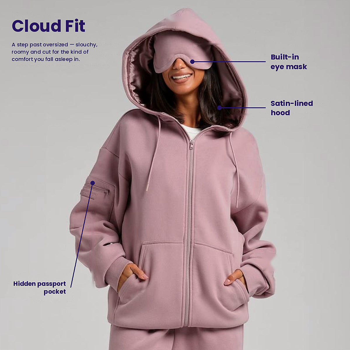 Feature callouts: built-in eye mask, satin-lined hood, hidden passport pocket