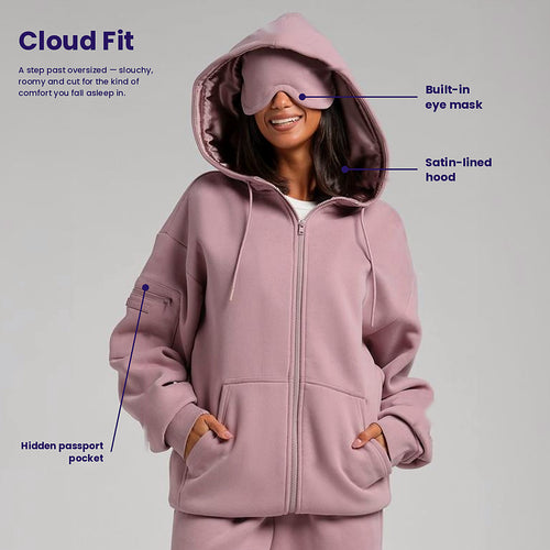 Feature callouts: built-in eye mask, satin-lined hood, hidden passport pocket