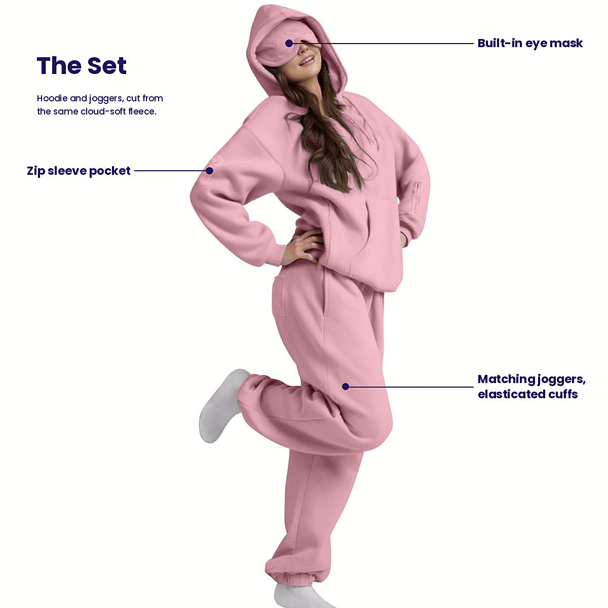Pullover set features: built-in eye mask, zip sleeve pocket, matching joggers