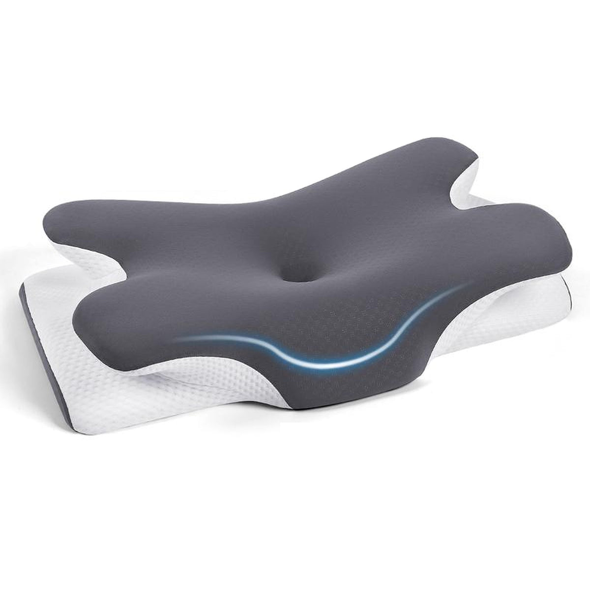 CMFRT Contour Pillow: a butterfly-shaped memory-foam pillow with a grey top, white knit sides and a head cradle in the centre