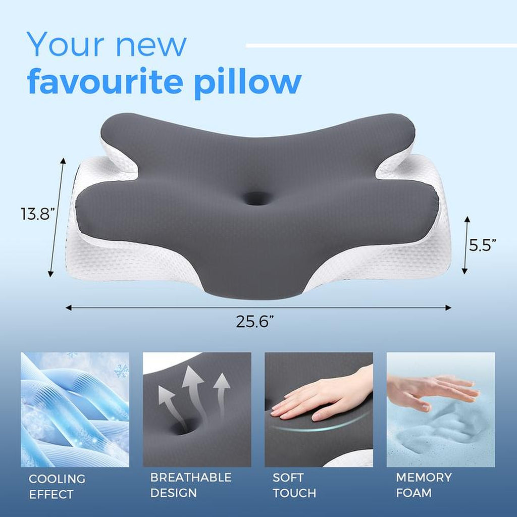 Size: 25.6 × 13.8 × 5.5 in (65 × 35 × 14 cm), with a cool-to-the-touch, breathable, soft memory-foam build