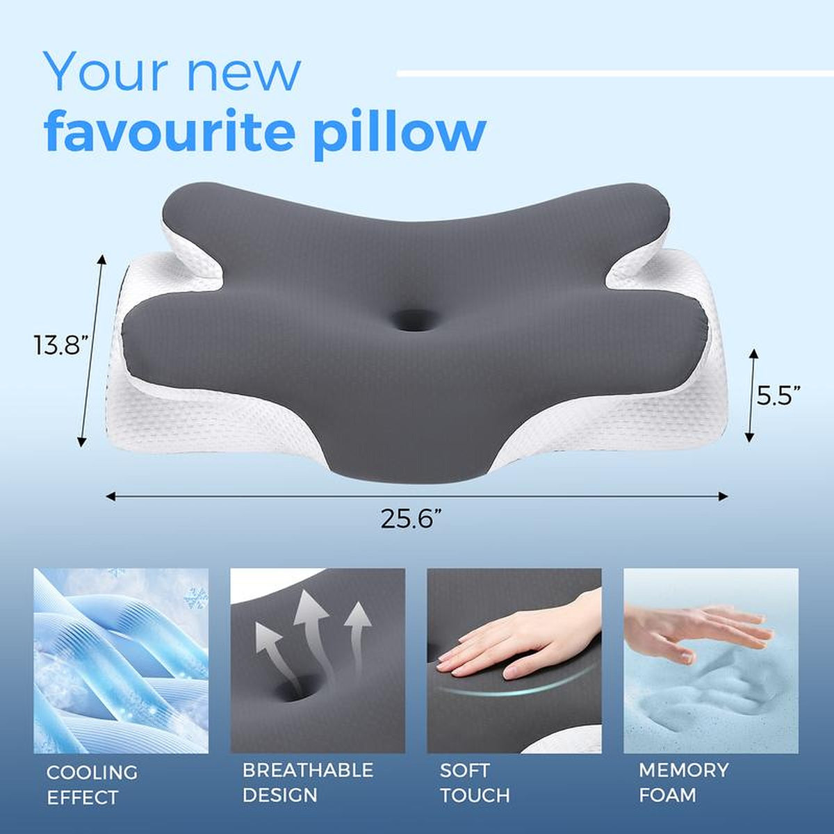 Size: 25.6 × 13.8 × 5.5 in (65 × 35 × 14 cm), with a cool-to-the-touch, breathable, soft memory-foam build