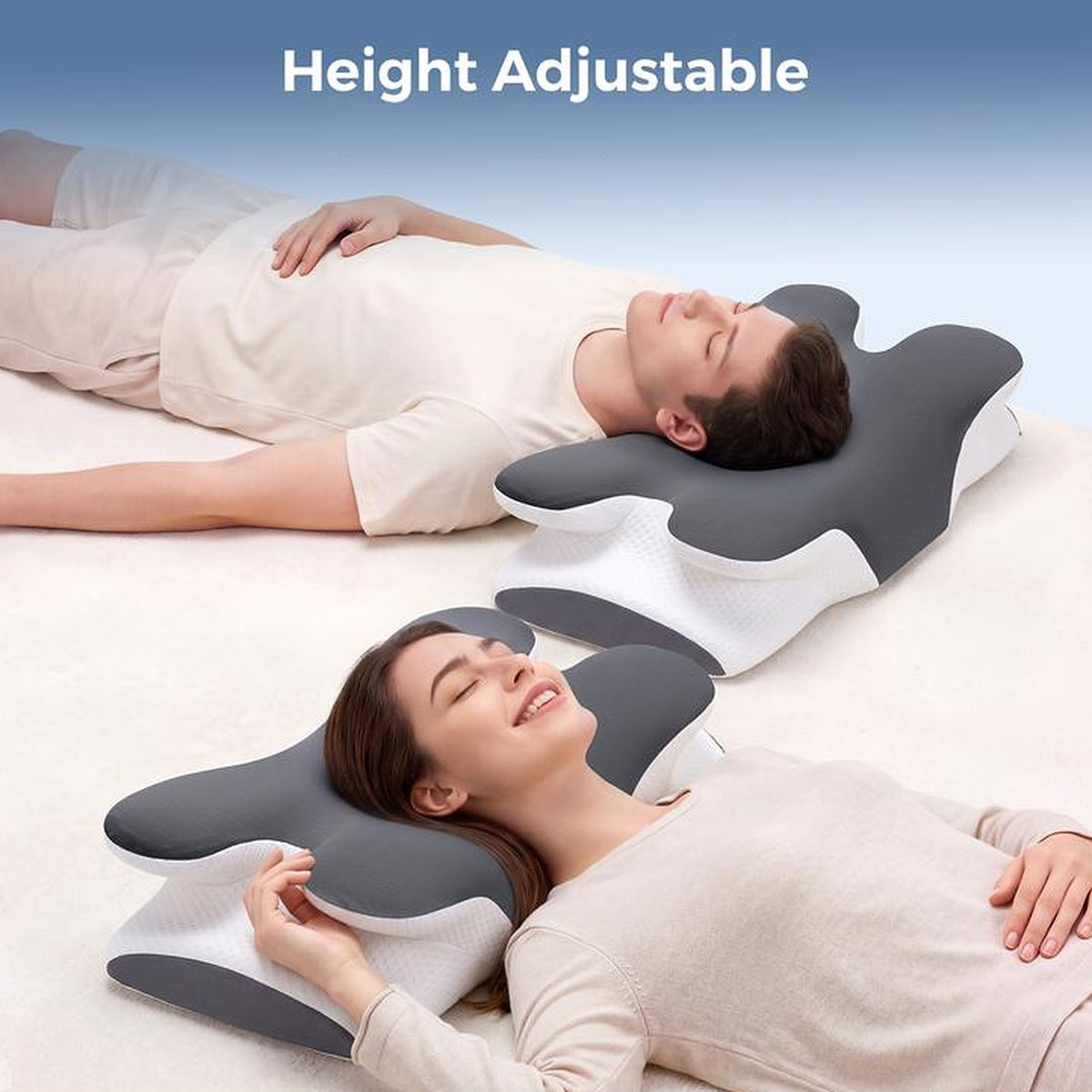 A man and a woman lying on their backs on two Contour Pillows — the front and back edges sit at different heights