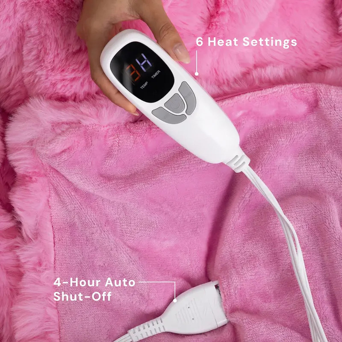 Mochi Mellow Cloud Heated Lavender Throw — Hand-held controller with 6 heat settings and a 4-hour auto shut-off timer