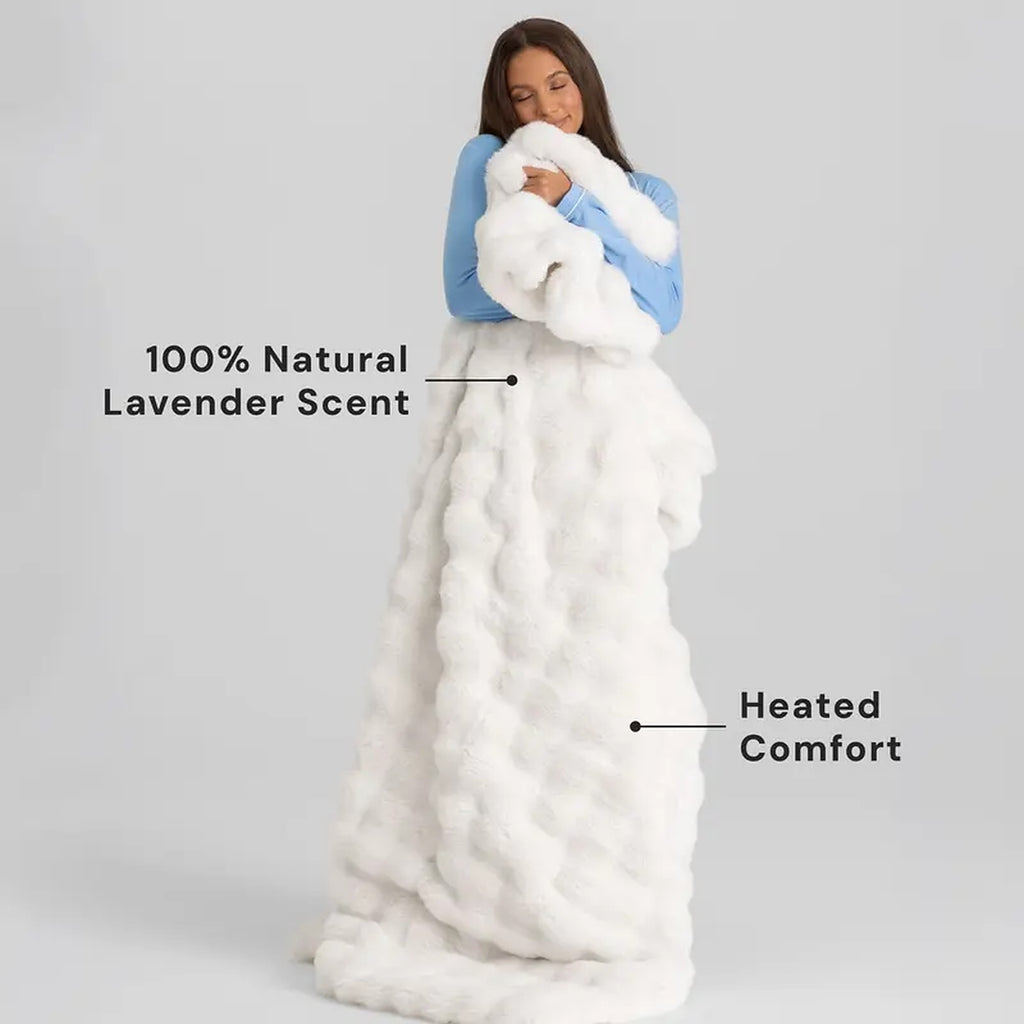 Mochi Mellow Cloud Heated Lavender Throw — Woman hugging the White throw — 100% natural lavender scent, heated comfort