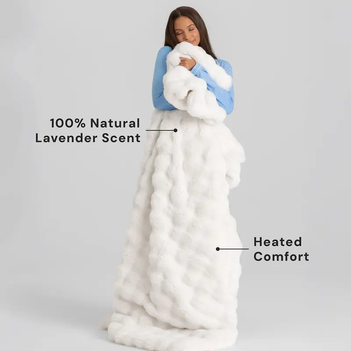 Mochi Mellow Cloud Heated Lavender Throw — Woman hugging the White throw — 100% natural lavender scent, heated comfort