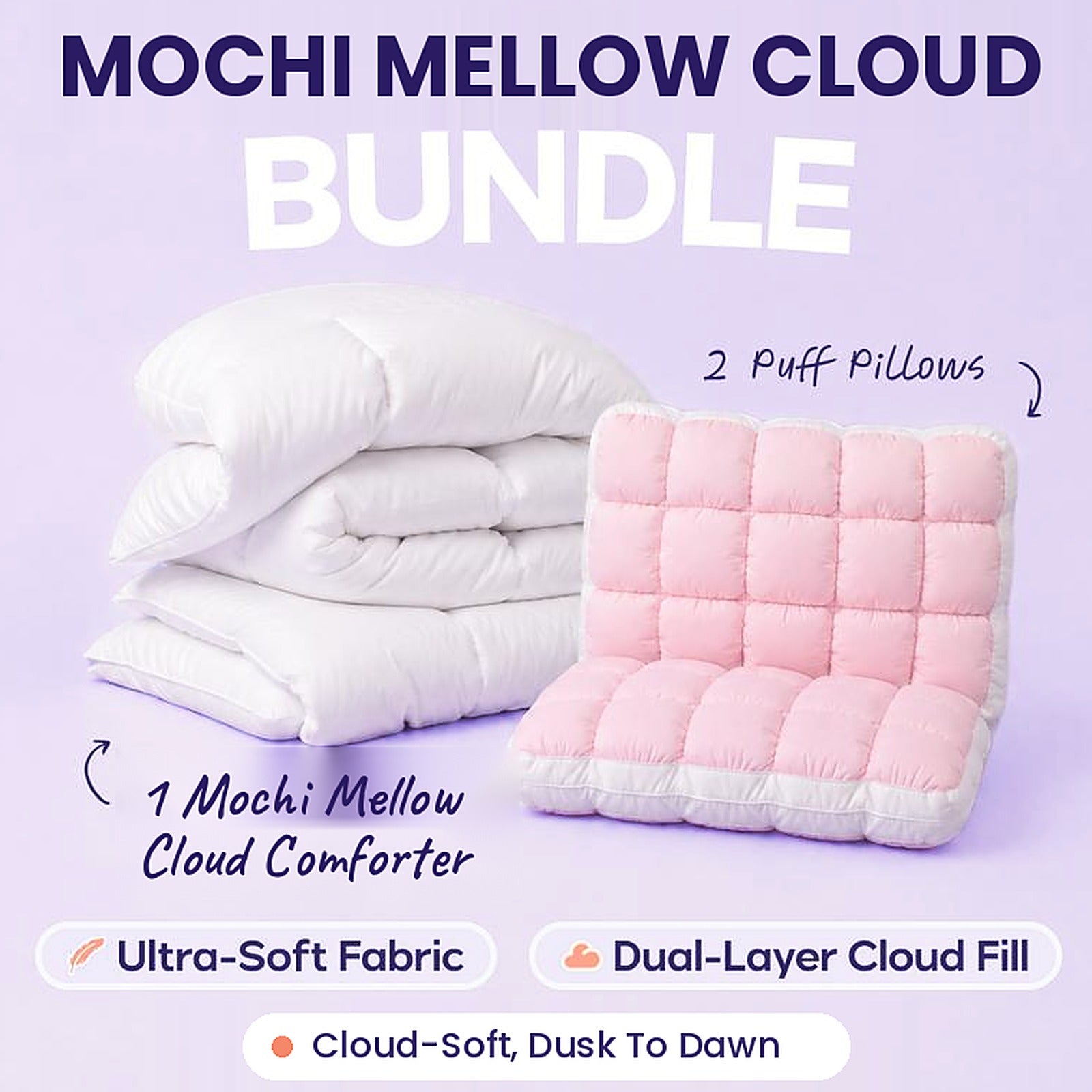 Mochi Mellow Cloud bundle: one comforter and two puff pillows
