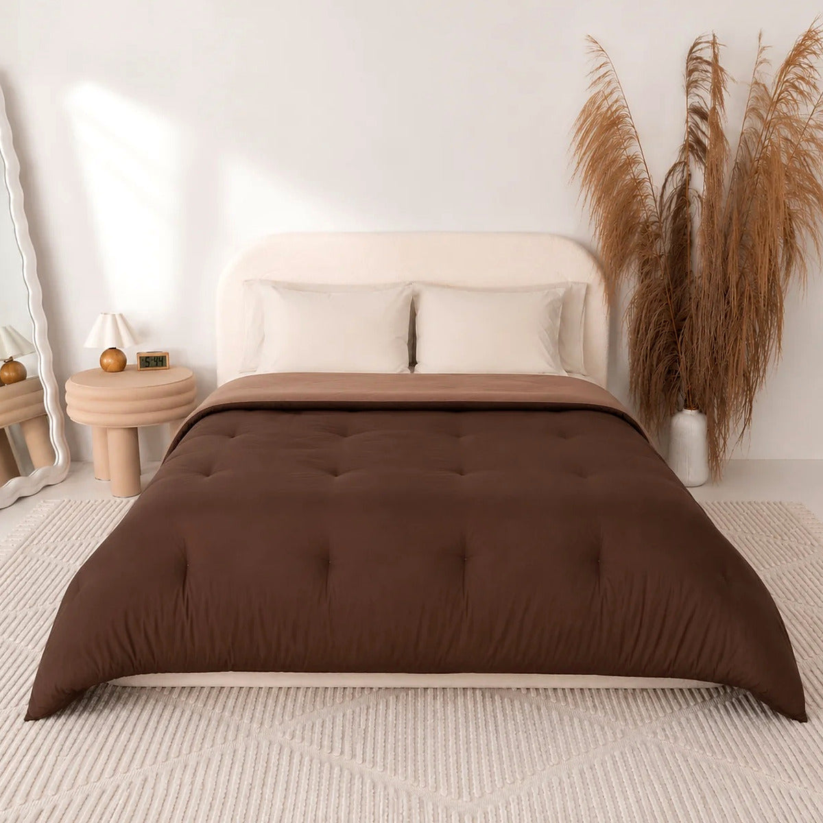 Mochi Mellow Cloud comforter in Chocolate on a made bed