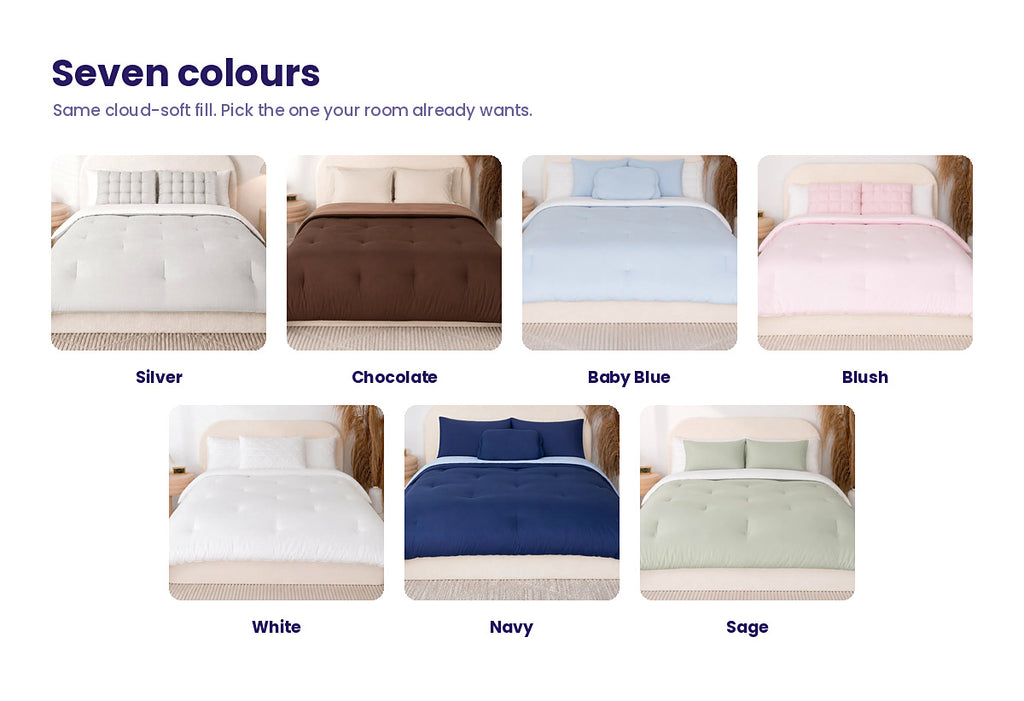 The Mochi Mellow Cloud comforter in all seven colours