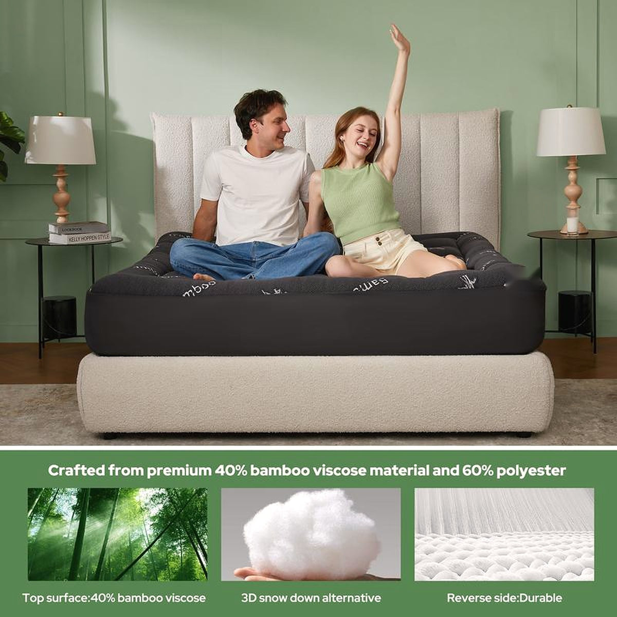 Couple sitting on the Black topper; strip shows the 40% bamboo viscose / 60% polyester surface, 3D snow-down-alternative fill and durable reverse side