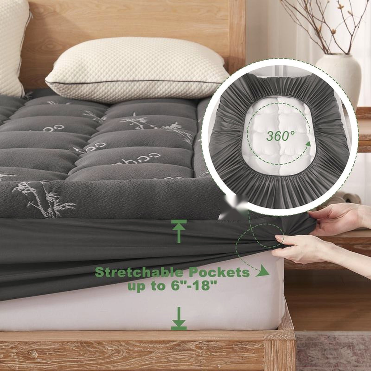 Stretch skirt pulled over a mattress corner — fits mattresses 6 to 18 inches deep