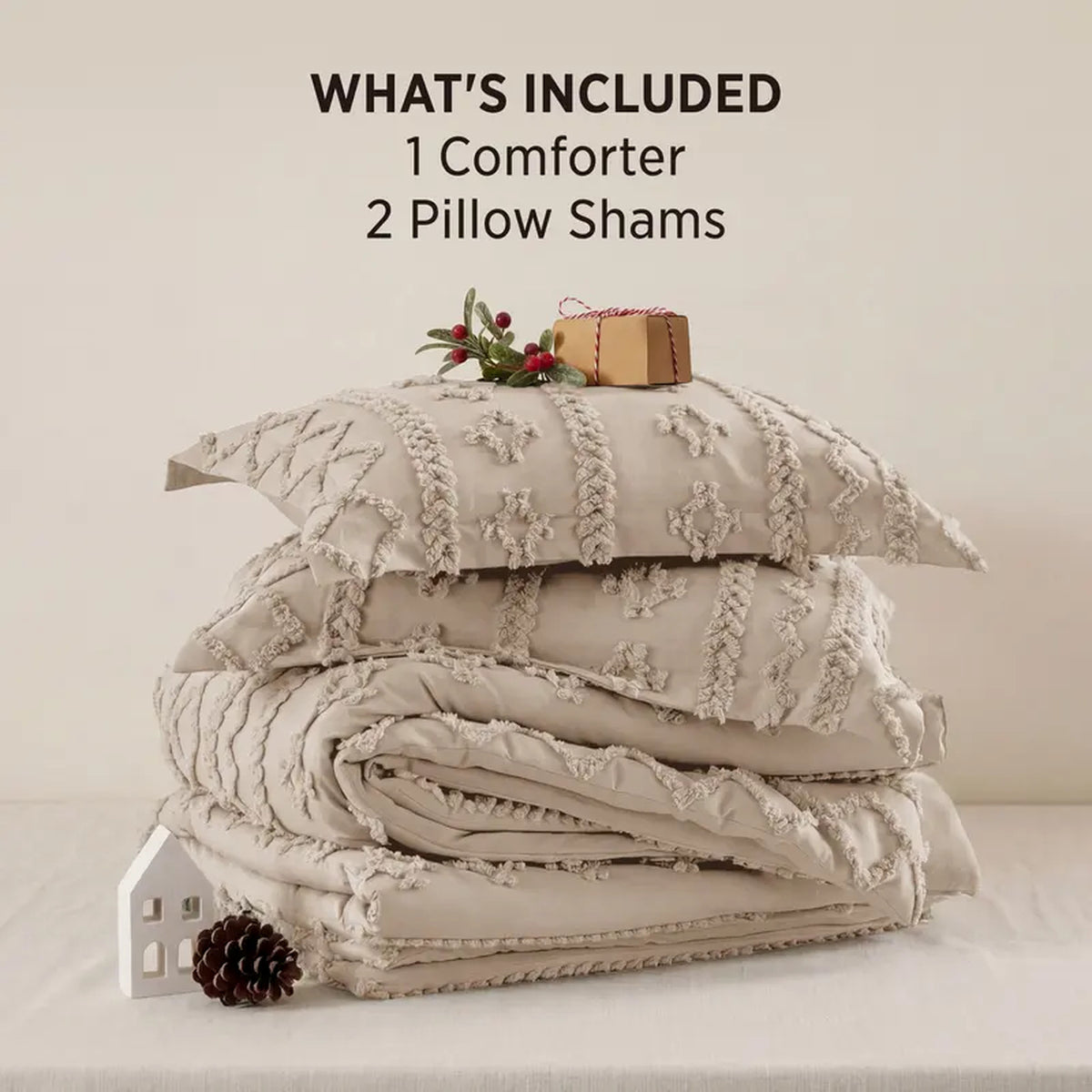 What's included: one tufted comforter and two pillow shams, folded
