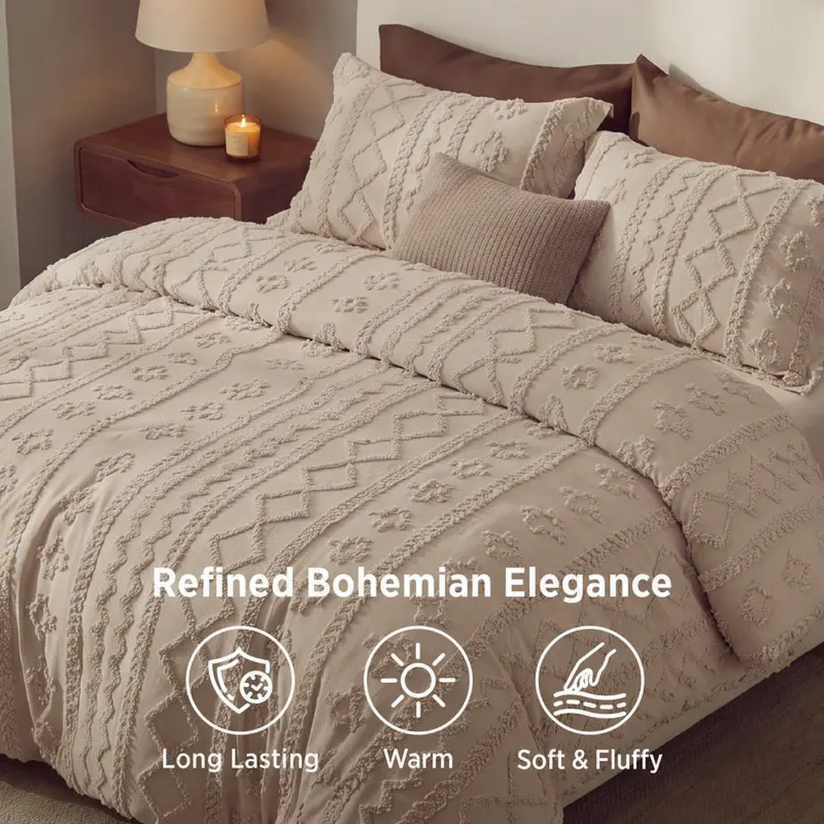 Taupe tufted comforter set styled with brown pillows and a bedside lamp